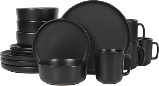 Gibson Home Zuma Stoneware Plates, Bowls, & Mugs Dinnerware Set - Matte Black, Service for Four (16pcs)