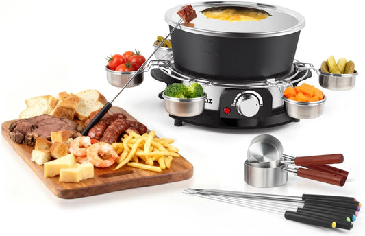Cusimax 1300W Electric Fondue Set,2L Non-stick Pot Ideal for Melting Cheese,Chocolate,Oil,or Broth,Includes 8 Forks, 6 Food Cups,Removable Handle,and Measuring Cup for Enjoying Fondue Pot Parties