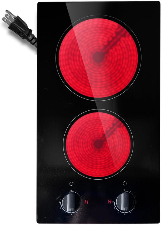 110V Electric Cooktop 2 Burners, 12 Inch Portable Electric Stove Top, Knob Control Countertop Use or Drop-in Install Electri Radiant Ceramic Cooktop, 9 Power Levels, Black Glass