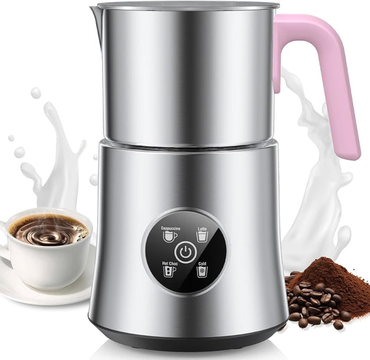 Milk Frother and Steamer, Detachable Large-Capacity Electric Frother, Milk Steamer for Coffee, Cappuccino, Latte, Choc, Stainless Steel Jug, BPA-Free Transparent Lid