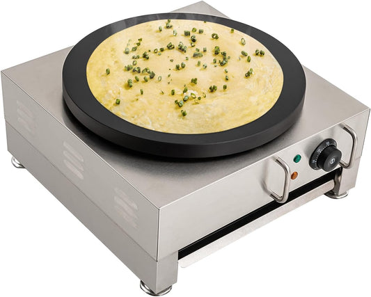 Electric Crepe Maker, 15.75" 2.8KW Crepe Pan Nonstick - Adjustable Temperature Control, Wooden Spreader, Indicator Lights, Residue Tray for Kitchen, Food Cart, Dessert Store