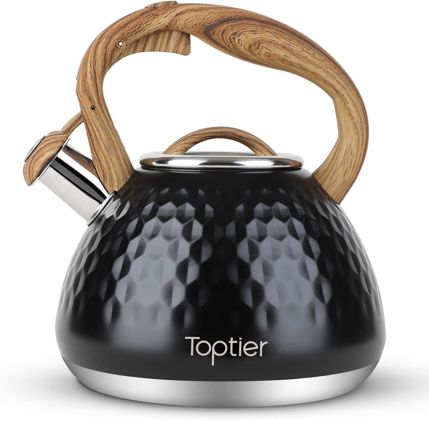 Tea Kettle, Toptier Teapot Whistling Kettle with Wood Pattern Handle Loud Whistle, Food Grade Stainless Steel Tea Pot for Stovetops Induction Diamond Design Water Kettle, 2.7-Quart Black