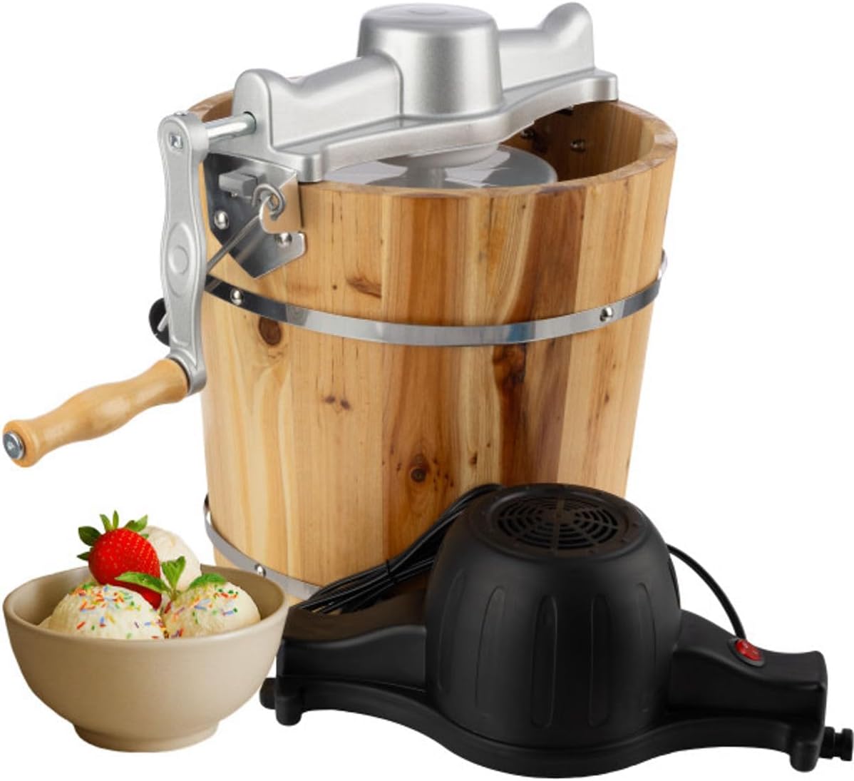 Electric Ice Cream Maker Machine - 4 Quart Old Fashioned Icecream Maker with Hand Crank and Electric Paddle - Pine Wood Bucket Ice Cream Machine for Frozen Yogurt, Gelato, Sorbet by Classic Cuisine