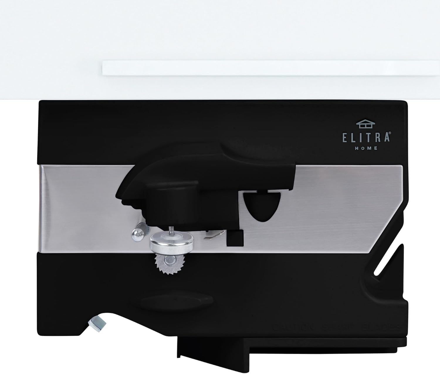 Electric Can Opener - 4 in 1 Under the Cabinet Mounted Can Opener, Blade Sharpener, Bottle Opener, Jar Opener, Mounting Bracket, Large or Small Cans for Seniors with Arthritis - Elitra Home (Black)