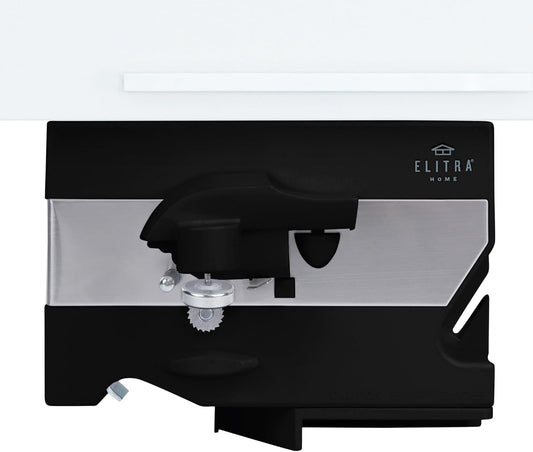 Electric Can Opener - 4 in 1 Under the Cabinet Mounted Can Opener, Blade Sharpener, Bottle Opener, Jar Opener, Mounting Bracket, Large or Small Cans for Seniors with Arthritis - Elitra Home (Black)