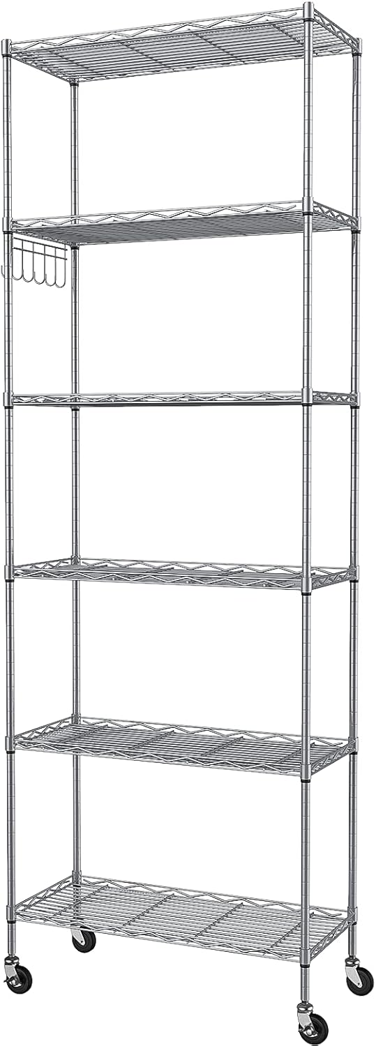 Homdox 6-Tier Storage Shelf Wire Shelving Unit Free Standing Rack Organization with Caster Wheels, Stainless Side Hooks, Silver Gray