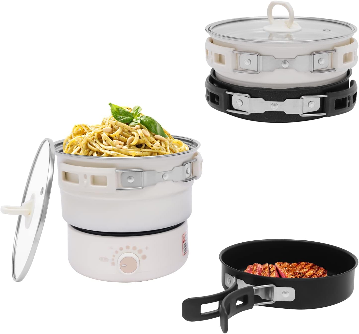 500W Electric Hot Pot with Steamer, Non-stick Frying Pan with Foldable Handles, 110V Mini Hot Pot, Multi-Functional Ramen Noodle Cooker for Pasta, Oatmeal, Soup, Steak