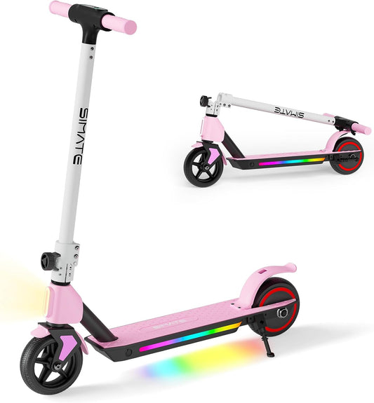SIMATE Electric Scooter for Kids Ages 6-14, LED Display & Colorful Lights, Foldable Kids Electric Scooter, 40 Mins Max Riding Time & 8.7 MPH Safe Speed, Gifts for Boys Girls