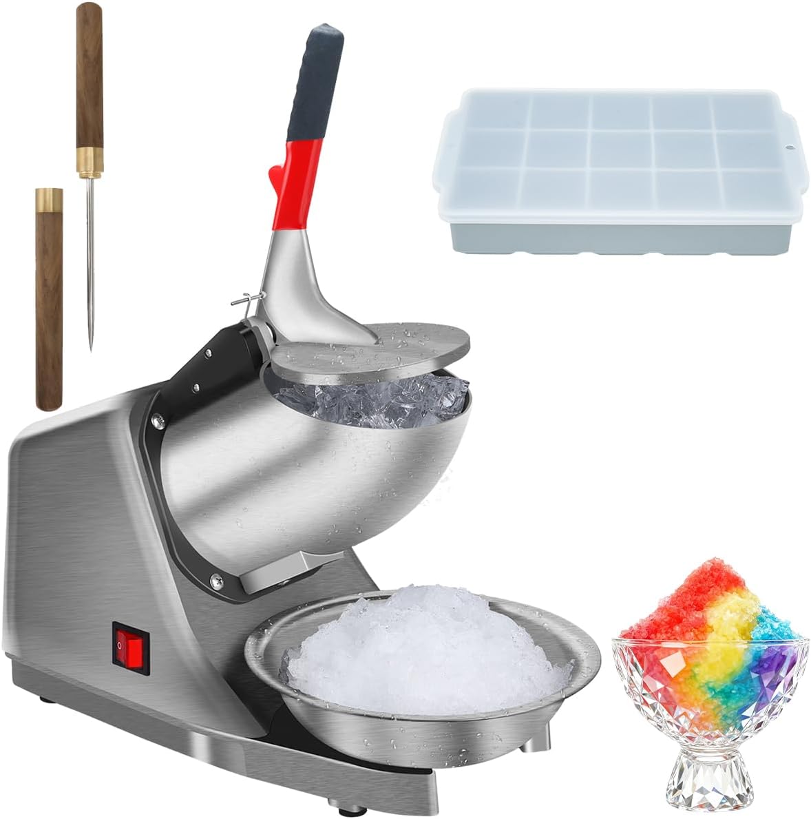 Snow Cone Machine Shaved Ice Machine Ice Crusher with Stainless Steel Blade Kitchen Electric for Shaved Ice and Snow Cone (300W 2000r/min) Also Comes with a Free Ice Pick and Ice Cube Tray