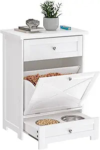 Dog Feeding Station with 2 Elevated Bowls,Hidden Pet Feeder Station with Tilt Out Dog Food Storage Cabinet,Dog & Cat Storage Organizer with Drawer,White