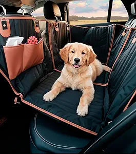 Owleys Hard Bottom Pet Seat Cover for Back Seat â€“ Heavy Duty Waterproof Dog Hammock Bed â€“Travel Protector for SUVs, Sedans & Trucks â€“ Foldable Design - 2 Pockets â€“ Mesh Ventilation Windows