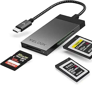 3-in-1 CFexpress/XQD/SD Card Reader USB C, VELOGK Dual-Slot USB 3.2(10Gbps) CFexpress Type B Card Reader Adapter compatible with Android/Windows/Mac OS/Linux, with Brushed Aluminum Case&Portable Pouch