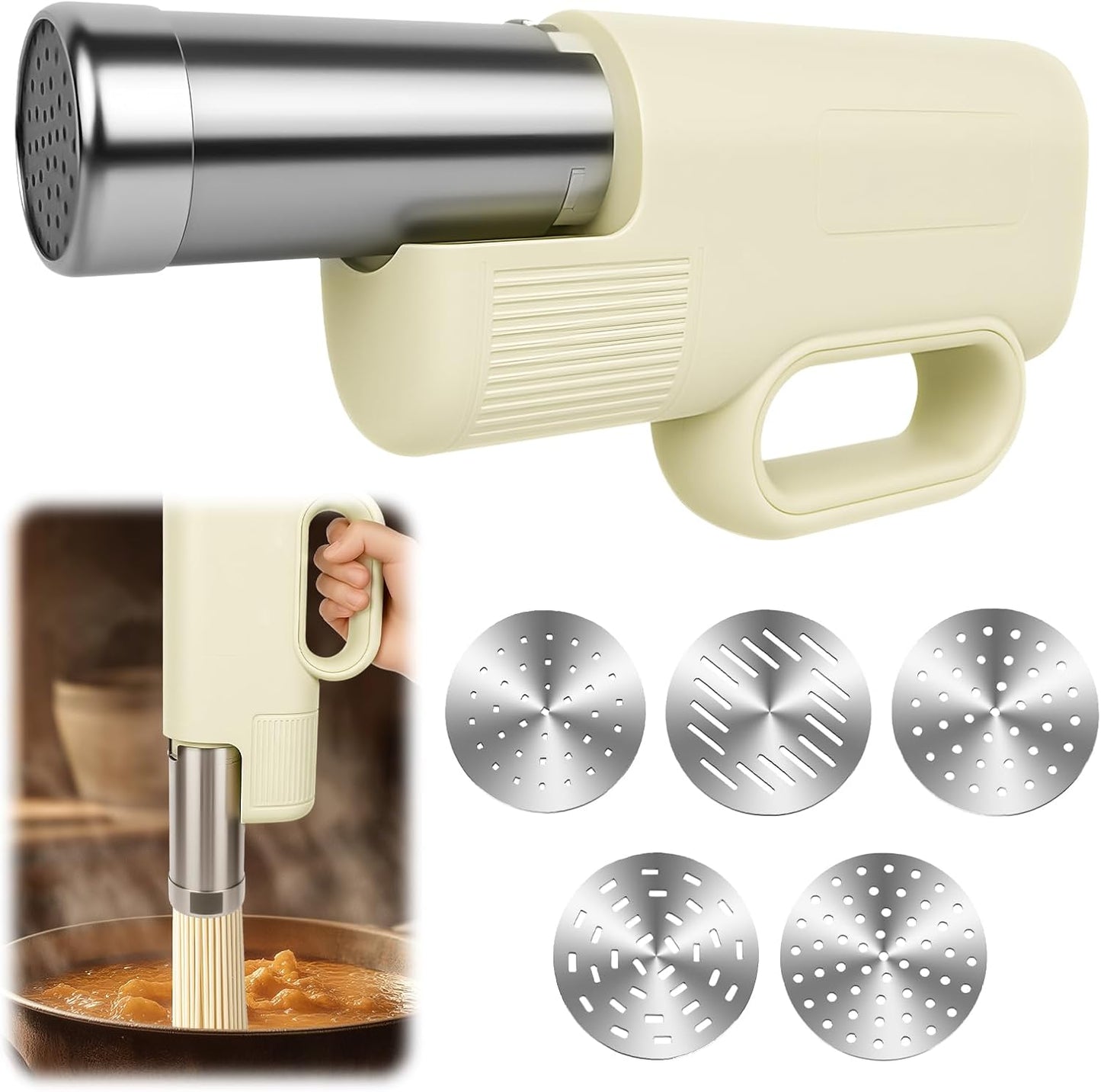 5 In 1 Automatic Electric Pasta Maker - Handheld Pasta Maker Machine for Homemade Pasta, DIY Appam, Idiyappam, Cordless Noodle Maker with Ergonomic Grip for Home, Breakfast Store, Restaurant