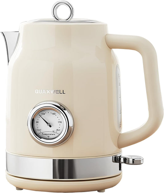 QUAXWELL Retro Electric Kettle, 1.7L 304 Stainless Steel Tea Kettle with Temperature Gauge, 1500W Fast Boiling Water Boiler,Auto Shut-Off & Boil-Dry Protection, BPA-Free, Beige