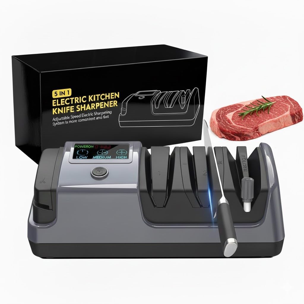 5-in-1 Electric Knife Sharpener for All Knives – Diamond Abrasive Sharpener with 3 Speeds & LCD Display | Sharpens Straight, Serrated, Kitchen Knives & Scissors | Automatic, Safe, Easy to Use