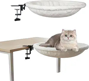 Desk-Mounted Cat Hammock Bed, Clamp-On Pet Perch, Soft Faux Fur, No-Drill Install, Washable Pad, 16.5" Round, Supports 50 lb, Space-Saving Home Office