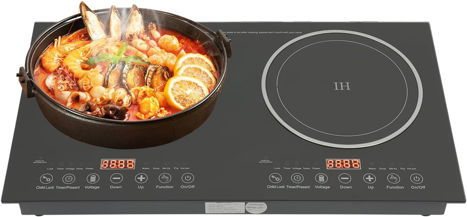 Dual Induction Cooker Cooktop Double Induction Cooktop Digital Electric Countertop Burner Touch Sensor Control Stove Dual Hot Plate 8 Gear Firepower (1200W+1200W)