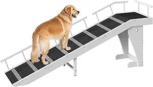 HOOBRO Dog Ramp for Bed, Large Wooden Pet Ramp for Dogs with Non-Slip Carpet Surface, Safety Rails, and Top Platform, 70.9" x 15.7" x 23.6", White and Black BW18PT03G1