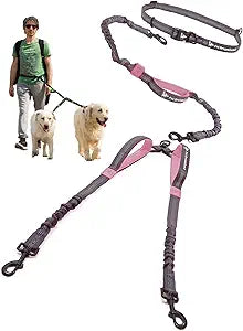 Pet Dreamland Exquisite Hands Free Dual Dog Leash for Large Dogs. Trending Waist Leash for Walking 2 Dogs No Tangle. You Will Absolutely Love This Amazing Double Dog Gear (Dark Grey & Pink)