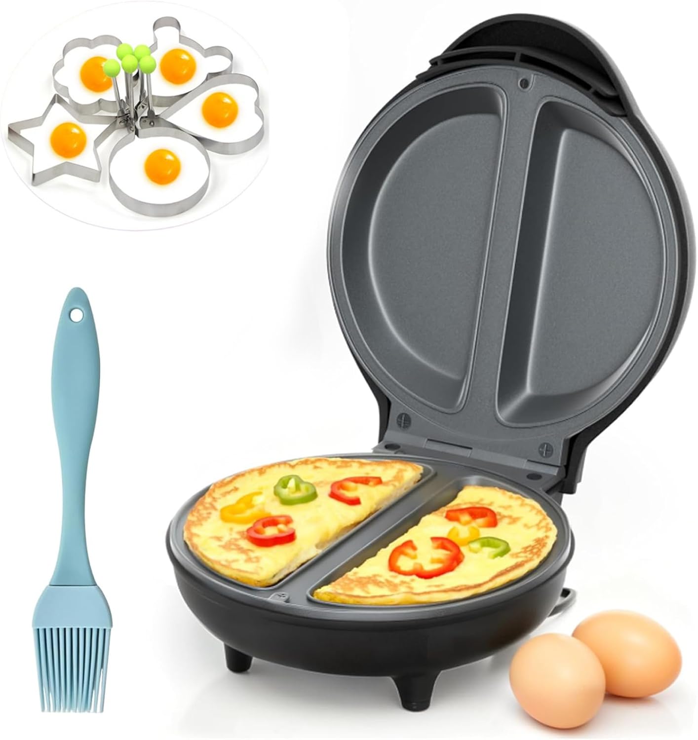 Dual Zone Electric Omelette Maker with Deep Plates, Double Sided Heating Non-Stick Electric Griddle for Omelets, Pancakes, Pizza, Sandwiches & Crepes, Compact Countertop Cooker (1PC)