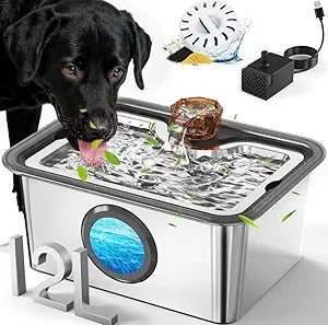 12L/3gal Stainless Steel Large Dog Water Fountain for Large Dog, Electric Pet Water Dispenser with Water Level Window&LED, Cat and Dog Fountain Water Bowl for Multi-Pet Home,Super Quiet