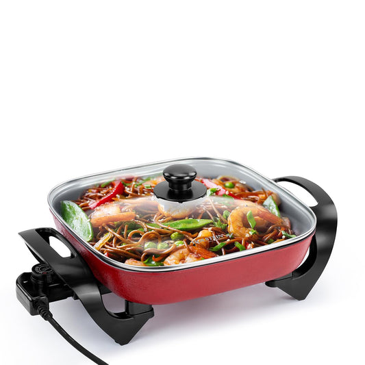 Holstein Housewares 12-Inch Electric Skillet - 1400W Electric Pan with Adjustable Temperature Control, PFOA-Free Non-Stick Coating, Cool-Touch Handles, Multi-Function Cooker, Red