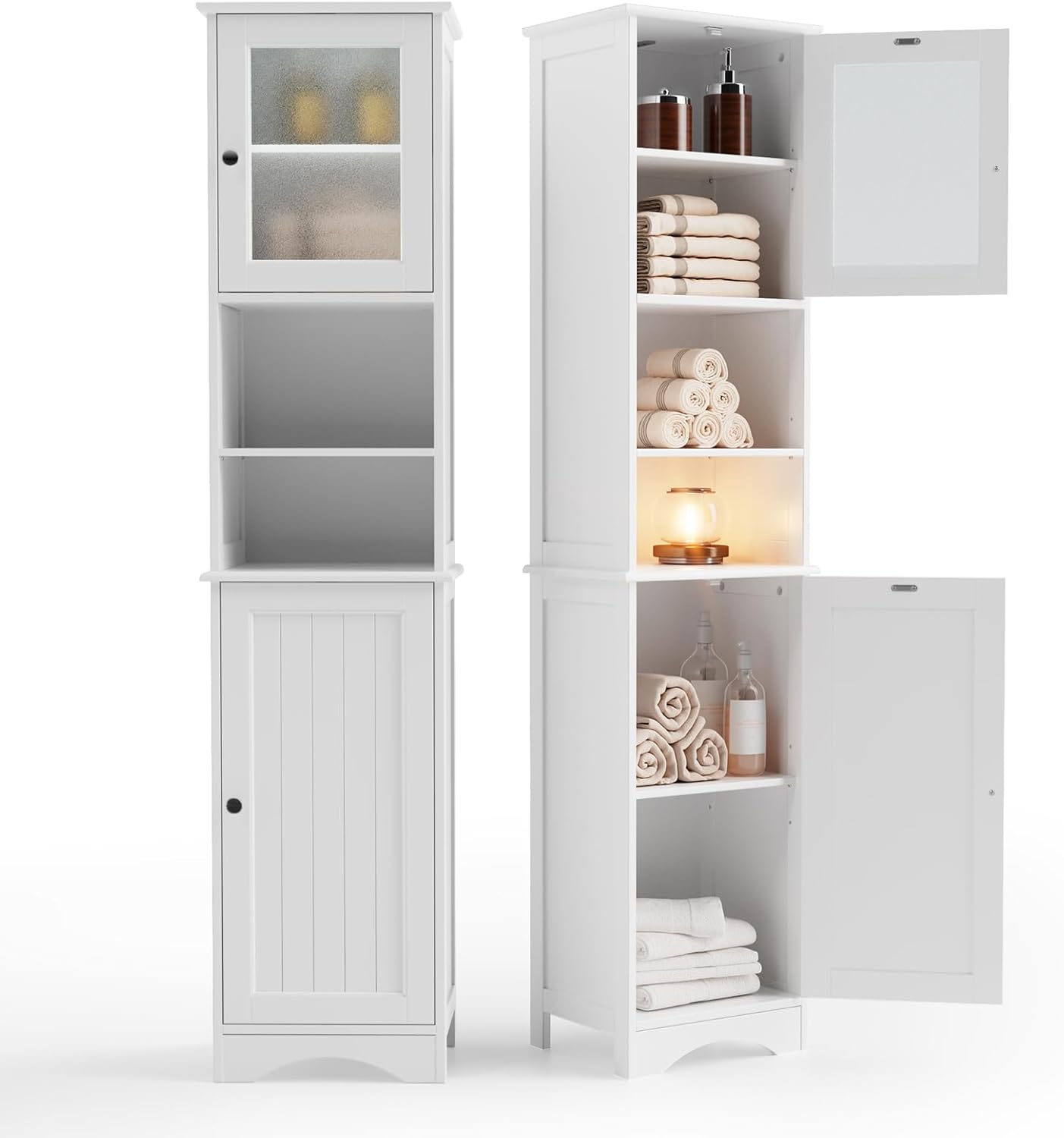 Gizoon 67.1" Tall Bathroom Storage Cabinet with Adjustable Shelves, Narrow Tall Linen Tower with Open Shelves, Two-Way Doors Freestanding Cabinet with Anti-Tip, for Home, Kitchen, Living Room, White