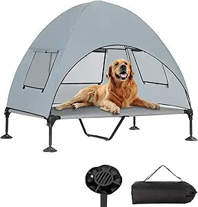Elevated Outdoor Dog Bed with Canopy, Cooling Raised Pet Cot Bed with Removable Shade, Portable Pet Bed Cot with 360Â° Adjustable & Non-Slip Feet, Dog Tent Bed for Large Dogs Camping, Indoor & Outdoor