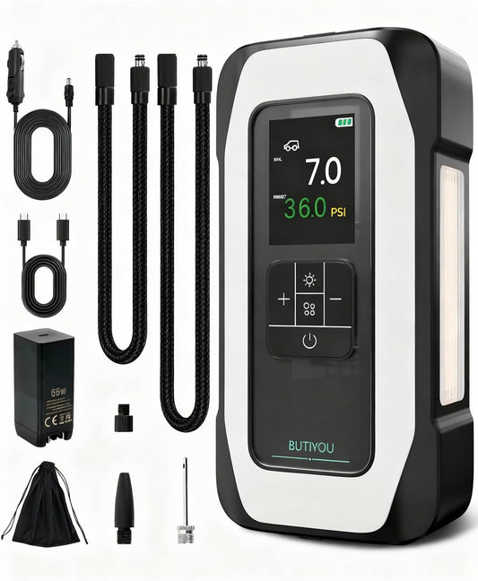 BY01 Tire Inflator Portable Air Compressor for Large Tires,Smart Air Pump with Dual Cylinder,Clourful Digital Sceen,Atuo Stop,150PSI Electric 16000mAh Cordless 12V Corded Dual-Use