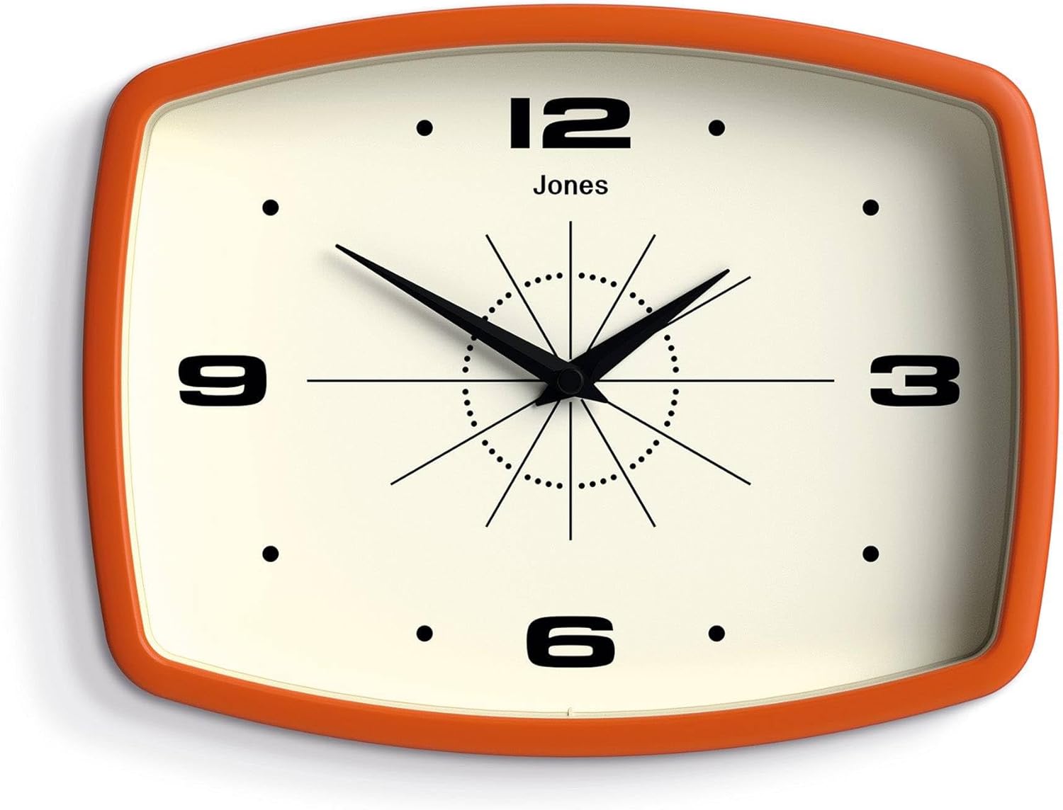 JONES CLOCKS® Movie Wall Clock | Rectangular Retro Clock | 10 inch | Orange | Cool mid-Century Designer Look for Kitchen, Living Room or Office