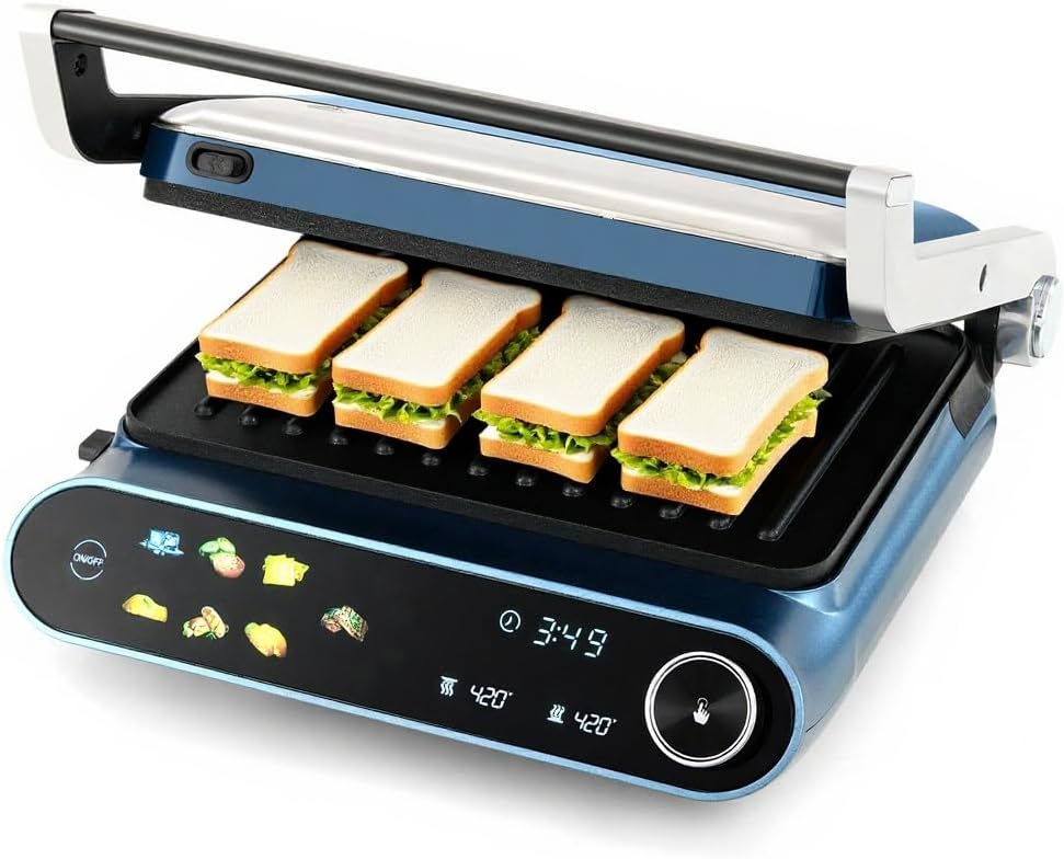 7-In-1 Sandwich Maker with LED Touch Panel & No-Stick Plates, Electric Panini Maker with Temperature & Time Control, Sandwich Press with 5-Level Adjustment for Bread, Cheese, Vegetables