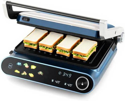 7-In-1 Sandwich Maker with LED Touch Panel & No-Stick Plates, Electric Panini Maker with Temperature & Time Control, Sandwich Press with 5-Level Adjustment for Bread, Cheese, Vegetables