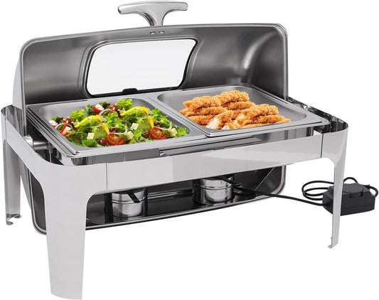 9.5qt Stainless Steel Roll Top Chafing Dish Servers and Warmers with Cover 3 Pans, 110V 400W Electric Chafing Dish Buffet Set for Buffet Commercial Food Warmer Steam Table