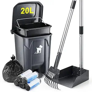Dog Pooper Scooper, Dog Poop Trash Can Set with Removable Inner Bucket, Long Handle Rake, 150 Waste Bags, Easy Pick Up Poop Scooper, 20L Dog Poop Trash Bin for Small/Large Dog Families