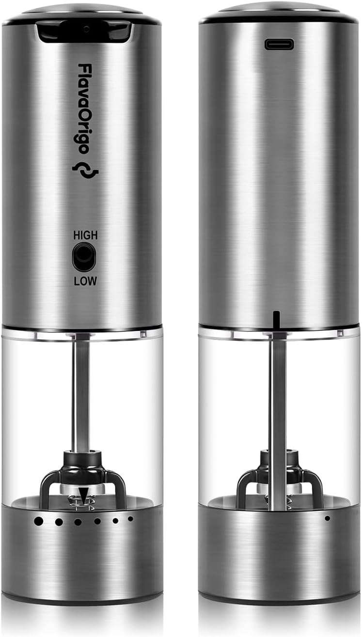 USB-C Rechargeable Electric Salt & Pepper Grinder Set - External Adjustable Coarseness (6 Settings), Large Capacity, Dual-Speed Control, One-Hand, LED, Stainless Steel (2 Pack)