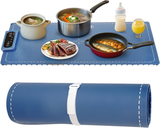 Food Warming Mat Electric Heating Tray for Buffets and Parties 3 Adjustable Temperature Settings from 40 to104 Degrees Fast Heating in 10 Seconds Child Safety Lock Easy to Clean (Blue)