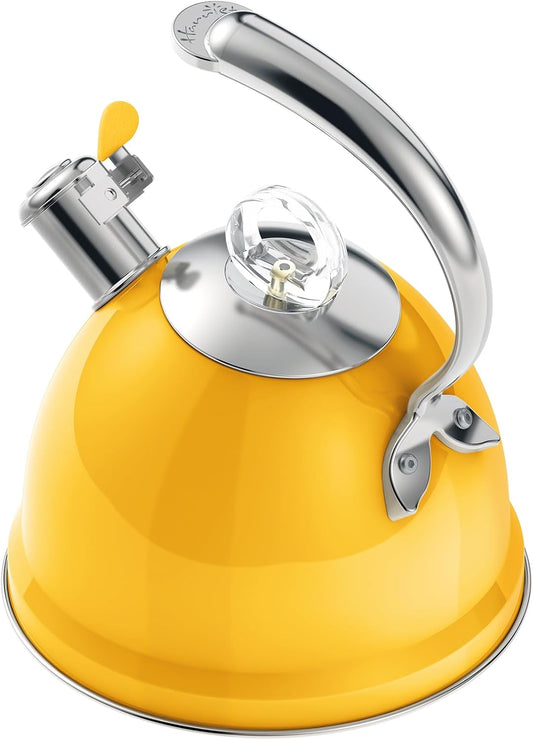 Harriet Tea Kettle Stovetop, 2.5 QT Whistling Stainless Steel Teapot, 3-Layer Base, Unique Ergonomic Handle, Includes Pot Holder & Mat, Electric\/Induction\/Gas Stovetops Applicable, Yellow