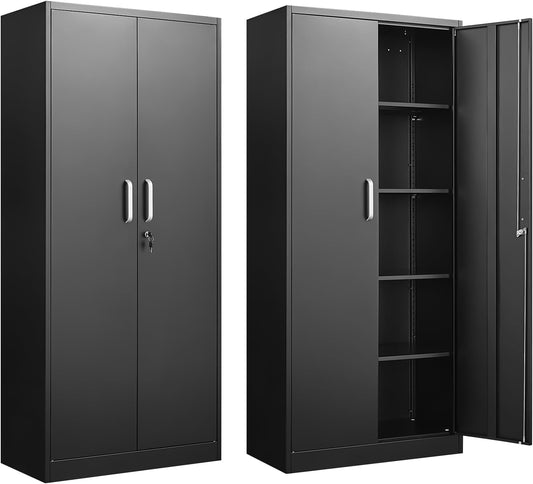 Approgreent Metal Storage Cabinet with Adjustable Shelves, Garage Cabinet with 2 Lockable Doors, Garage Storage Cabinet, Kitchen Pantry Cabinet - 71'H, Black