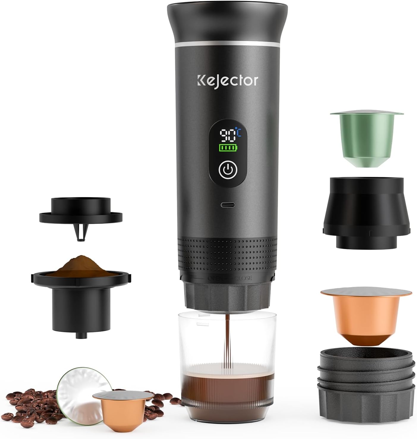 Portable Coffee Maker Espresso Machine Small Electric Battery Operated Coffee Cup Mini Espresso Machines Self-Heating Car Travel Espresso Pod Maker, 3-IN-1 Ground Coffee & NS Capsule Hiking Camping