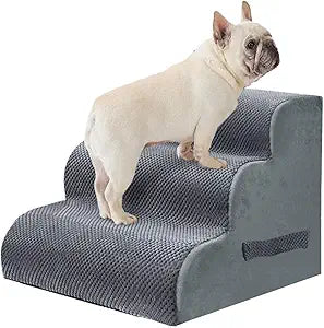 PAWSCART Dog Stairs for Small Pets, 15.7" H with 30D Material Soft Foam, Portable Ramp Non-Slip Surface Non-Slip for Couch and High Bed Climbing, 3-Step Stairs for Cat or Dog, Grey