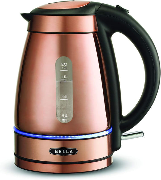 BELLA 1.7 Liter Electric Illuminated Glass Kettle, Quickly Boil Water for Tea, Coffee, Instant Soup and More, Safely Pour with Automatic Shut Off & Detachable Swivel Base, Chrome\/Copper Finish