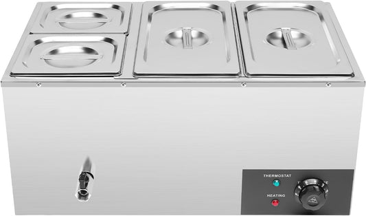 4-Pan Commercial Electric Food Warmer, 850W Stainless Steel Bain Marie Buffet Food Warmer with Lids Steam Table Stainless Steel Container Temperature Control for Catering and Restaurants