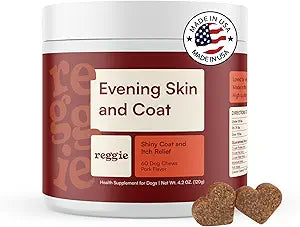 Reggie Skin & Coat Supplements for Dogs | Omega-3 Fish Oil & Vitamin E for Itchy Skin Relief, Shedding & Shiny Coat | Natural Dog Skin & Coat Chews | Vet-Approved & Made in USA | 60 Soft Chews