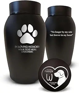 Personalized Custom Small Keepsake Urn Engraved with Pet Name, Date, and Dog Design - 5.2" Black Powder Coated Steel Cremation Urn for Dogs Ashes | Dog Paw, Black