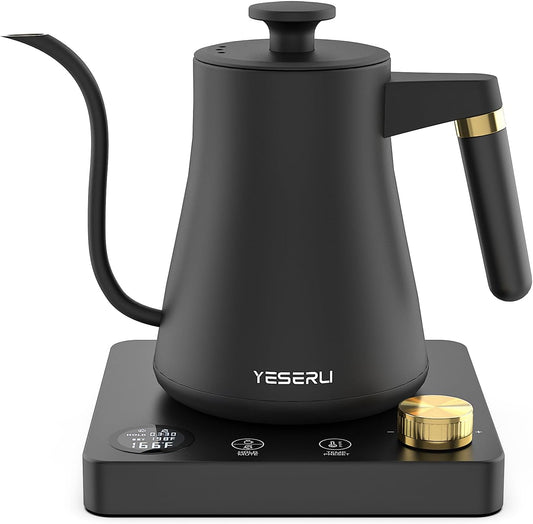 YESERLI 1200W Gooseneck Kettle with ±1℉ Temperature Control,Pour Over Electric Kettle for Coffee & Tea,Digital Display,4 Temp Preset,12H Keep Warm,100% Stainless Steel,Rapid Heating,1L,Matte Black