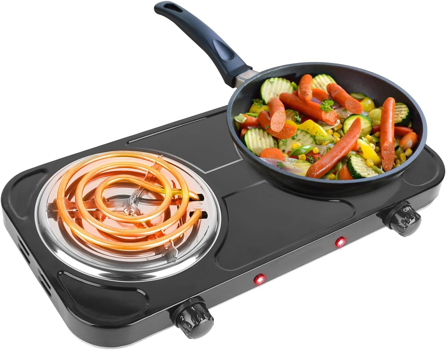 2000W Portable Double Burner Electric Coil Heating Hot Plate Stove Countertop RV Hotplate Temperature Controls Easy to Clean (Black)