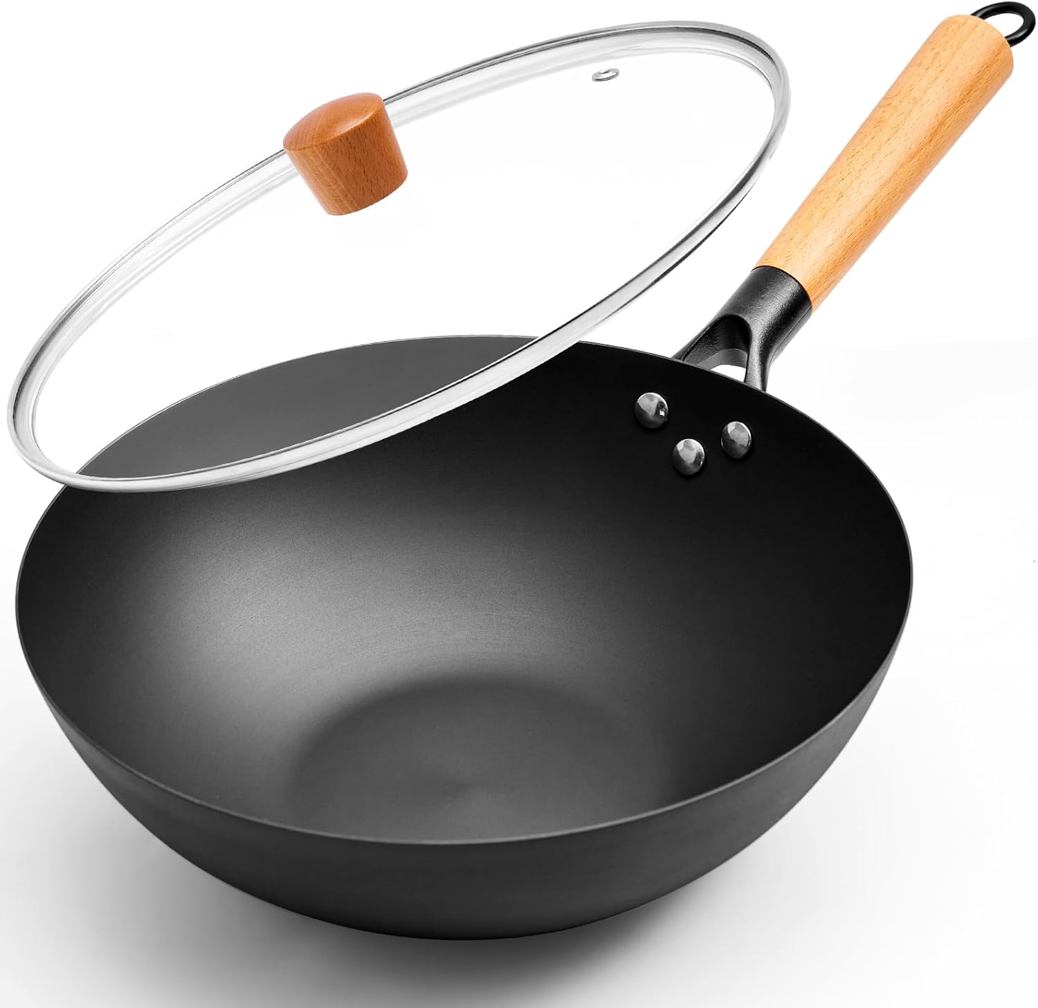 VIVIDCOOKWARE 11.8 Inch Carbon Steel Wok, Flat Bottom Stir Fry Pan with Glass Lid, Uncoated High-Purity Iron Wok for Family Meals, Compatible with Gas, Electric & Induction Cooktops