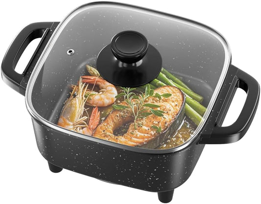 AORAN Electric Frying Pan with Lid, Multifunctional Electric Skillet for Frying, Grilling, Boiling & Cooking, Nonstick, Compact, Easy-to-Clean, Adjustable Temp Control Black
