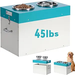 Large Elevated Dog Bowls with Storage,15" H Raised Bowl for Dogs 2-in-1 Airtight Pet Food Storage Holds Up to 45 Lbs2 Removable Stainless Steel Bowls for Medium & Large Dogs