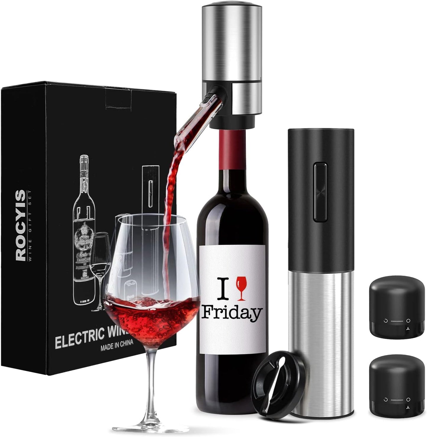Rocyis Wine Gifts-Electric Wine Opener and Aerator Set-Wine Dispenser Battery Operated, Rechargeable Wine Bottle Opener & Pourer with Foil Cutter, Vacuum Stoppers